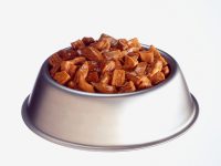 Dog food in bowl against white background